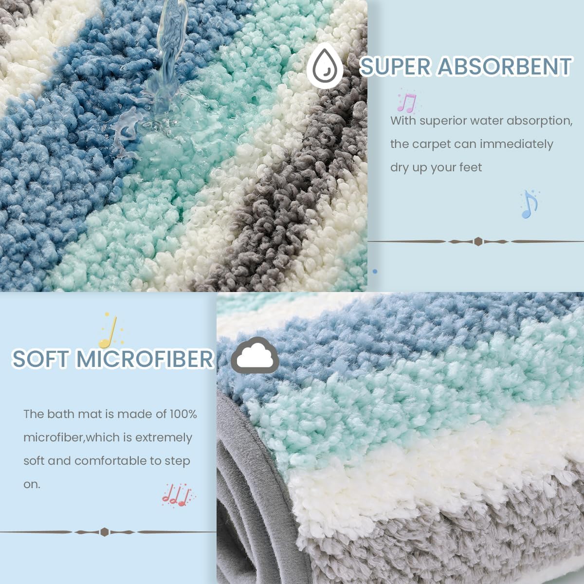 Scandinavian Bath Mat Non Slip Super Absorbent Bathroom Soft Microfiber Machine Washable Luxury Bathroom Carpet for Dining Room, Kitchen and Bedroom (31"x20", Blue)