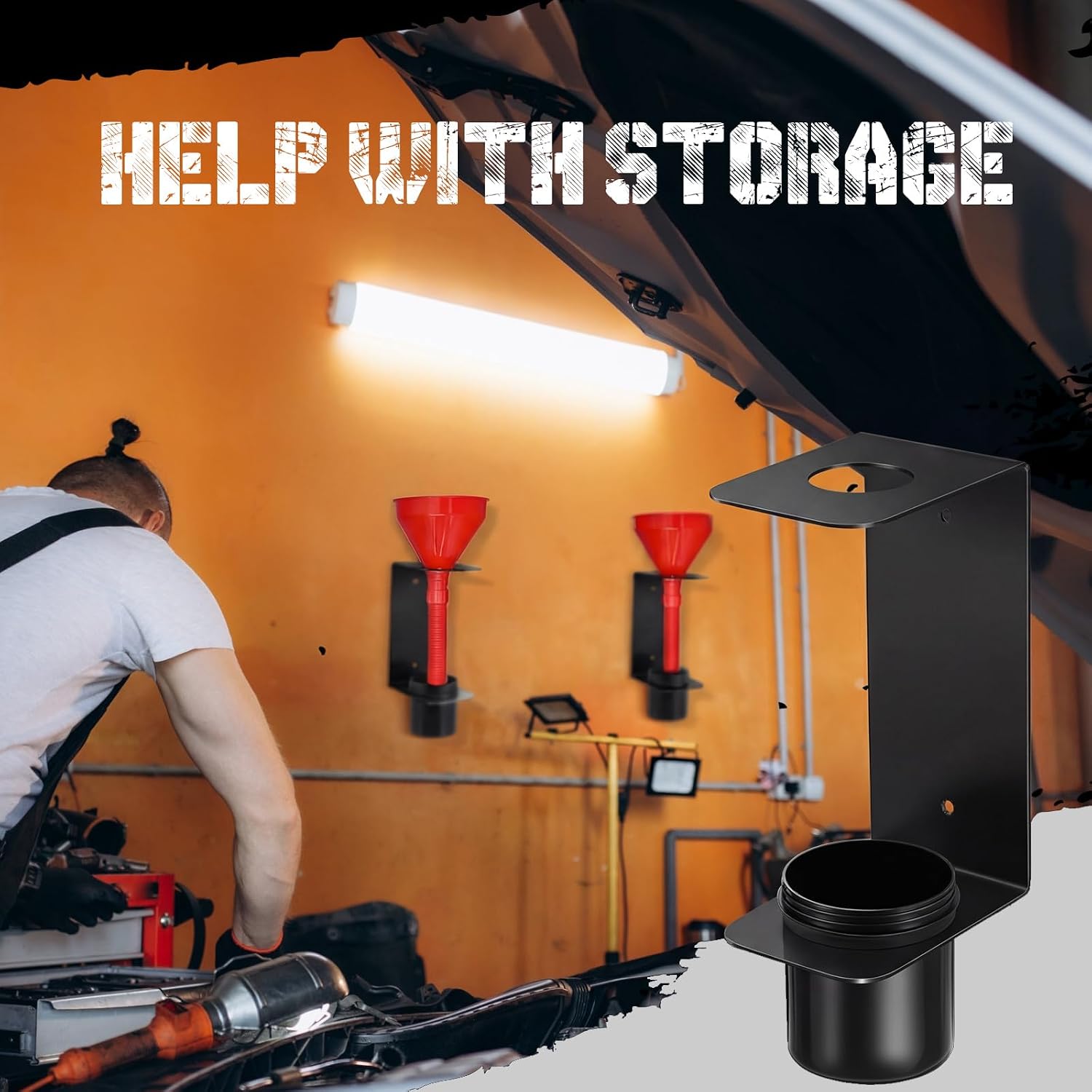 Yaocom 2 Sets Aluminum Oil Funnel Holder Storage Rack Include 2 Pcs Mounting Bracket with 4 Screws 2 Plastic Removable Cups for Trailer Fluid Oil Filter use Organizer Automotive Garage Shop (Black)