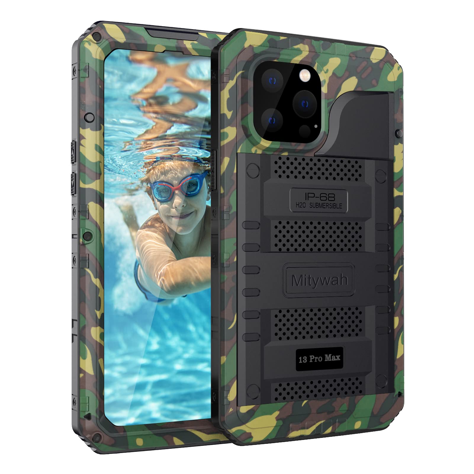 Mitywah Waterproof Case for iPhone 13 Pro Max, Heavy Duty Military Grade Armor Metal Case, 360° Full Body Protective Case Shockproof Built-in Screen