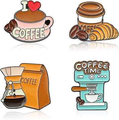 Coffee Themed Brooch Pin Set of 4 PCS Enamel Coffee Cup Lover Pins Cafe Gift Funny Badge Lapel Pins for Backpack Clothing Shirt Decoration Accessories Party Gifts