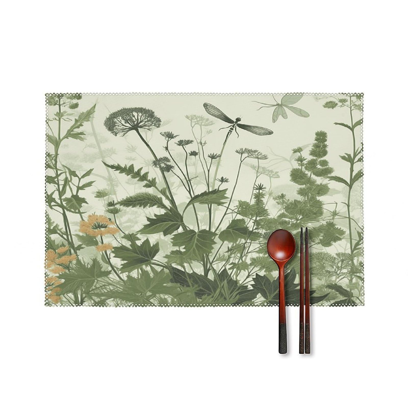 Foliage And Herbs with Dragonflies Winged Placemats Set of 6 Non-Slip Stain Resistant Indoor Outdoor Table Mat Washable Cloth Place Mat Fashion Kitchen Placemat for Dining Table Decoration 17.7x11.8 I