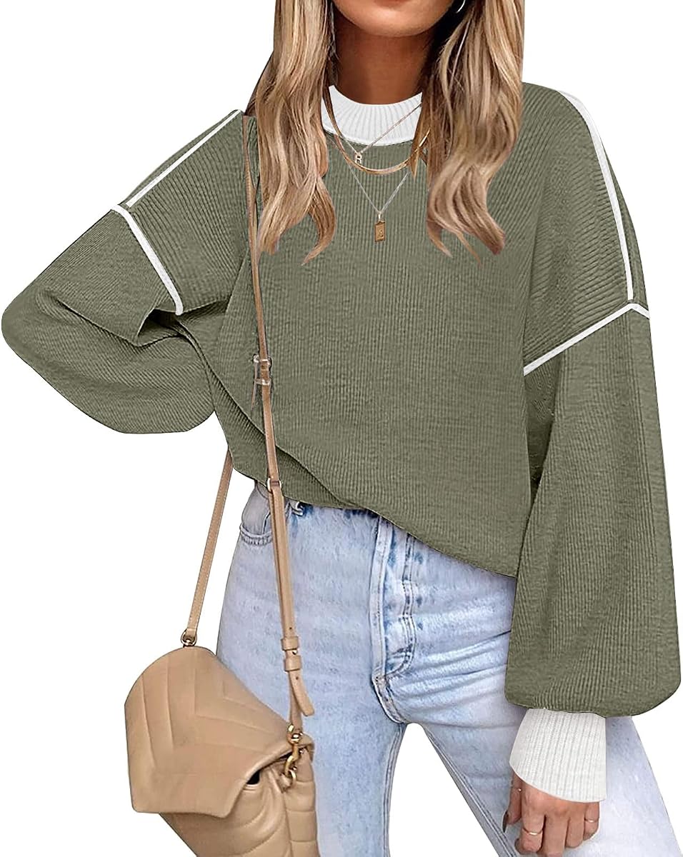 Suéteres para mujer Otoño 2026 Tops tejidos de manga larga Suéter extragrande a rayas | ETCYY Manga De Murciélago,Lindos Suéteres De Otoño,Jersey De Punto Con Cuello Redondo Y Abertura Lateral Liviana,Ropa De Primavera Trajes De Invierno