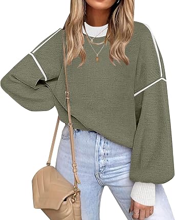 Womens Sweaters Fall 2026 Long Sleeve Knit Tops Striped Oversized Sweater