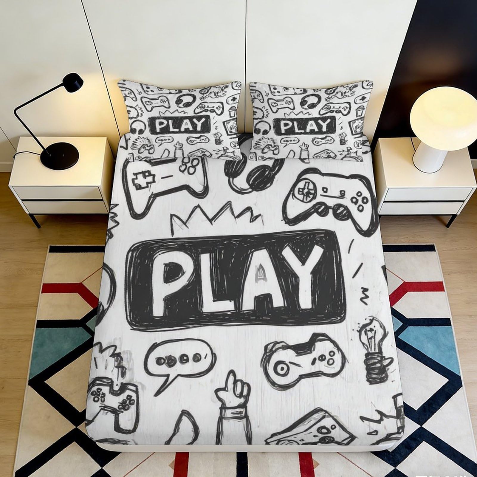 Pnayamiorkfel Style-9 3D Printed Cartoon Gamepad Fitted Sheet Microfiber Soft Black White Graffiti Bed Cover For Bedroom Dorm Decor 90X200x25cm