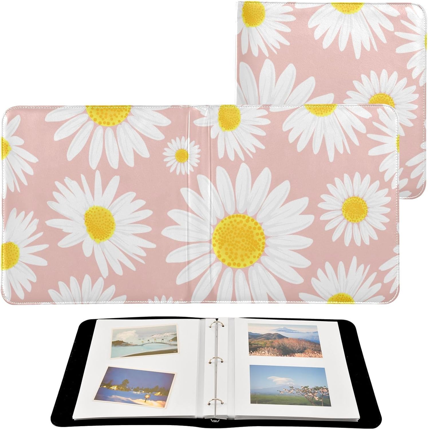 JIPONI Pink Flower Large Photo Album, DIY Leather Cover Scrapbook Albums for 4x6 5x7 6x8 Pictures, Self Adhesive Memory Book for Wedding, Baby, Family