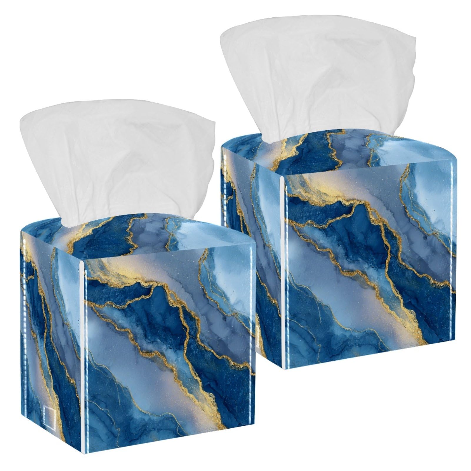 Marble Texture Tissue Box Cover, 2 Pack PU Leather Square Facial Tissue Dispenser Box holder for Home Office Car