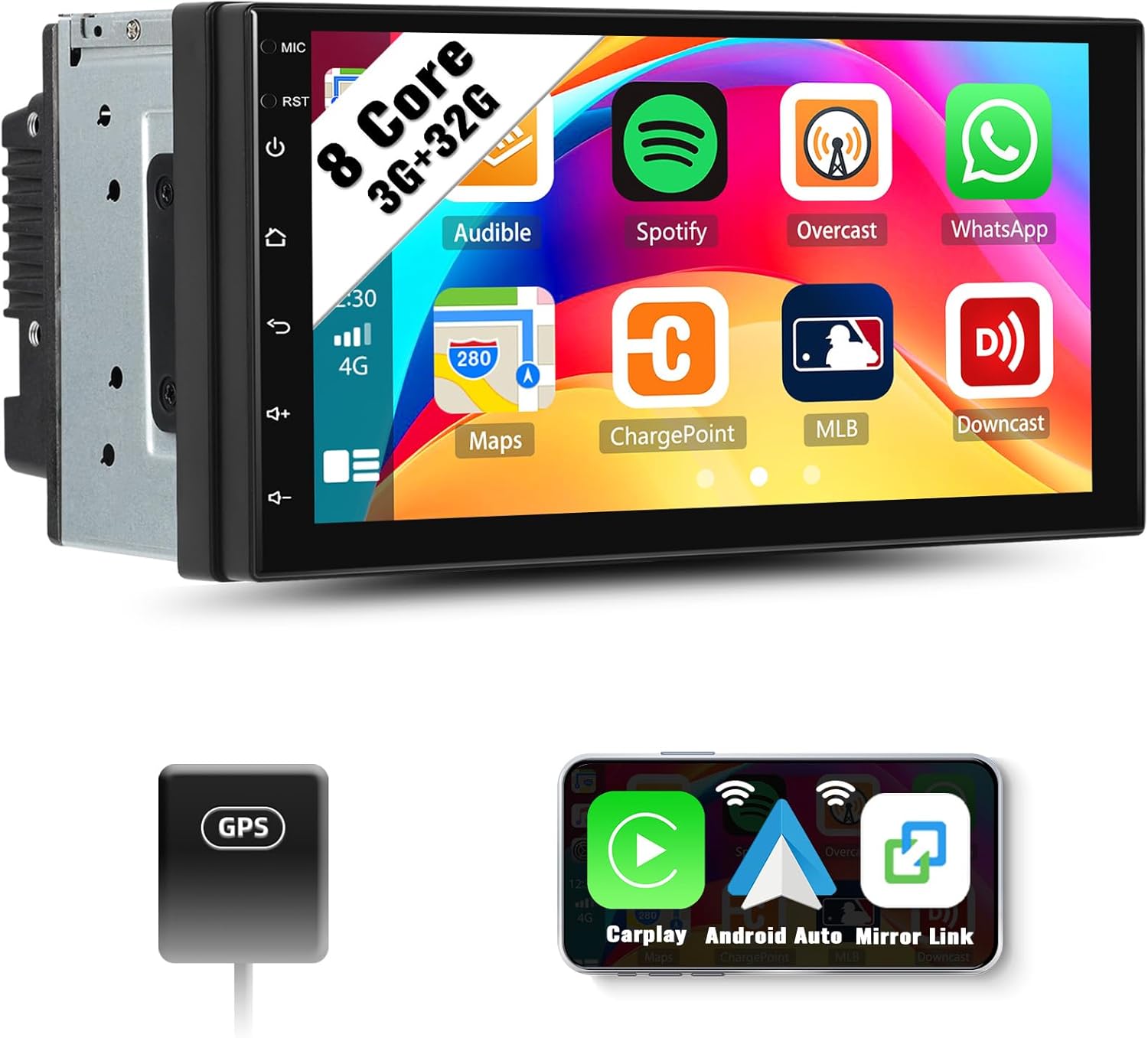 SIXWIN 8 Core 3G+32G Android 13 7 Inch Toucscreen Car Stereo with Wireless Carplay Android Auto Mirror Link with Radiator Fan Bluetooth 5.1 FM RDS GPS Navigation WiFi HiFi