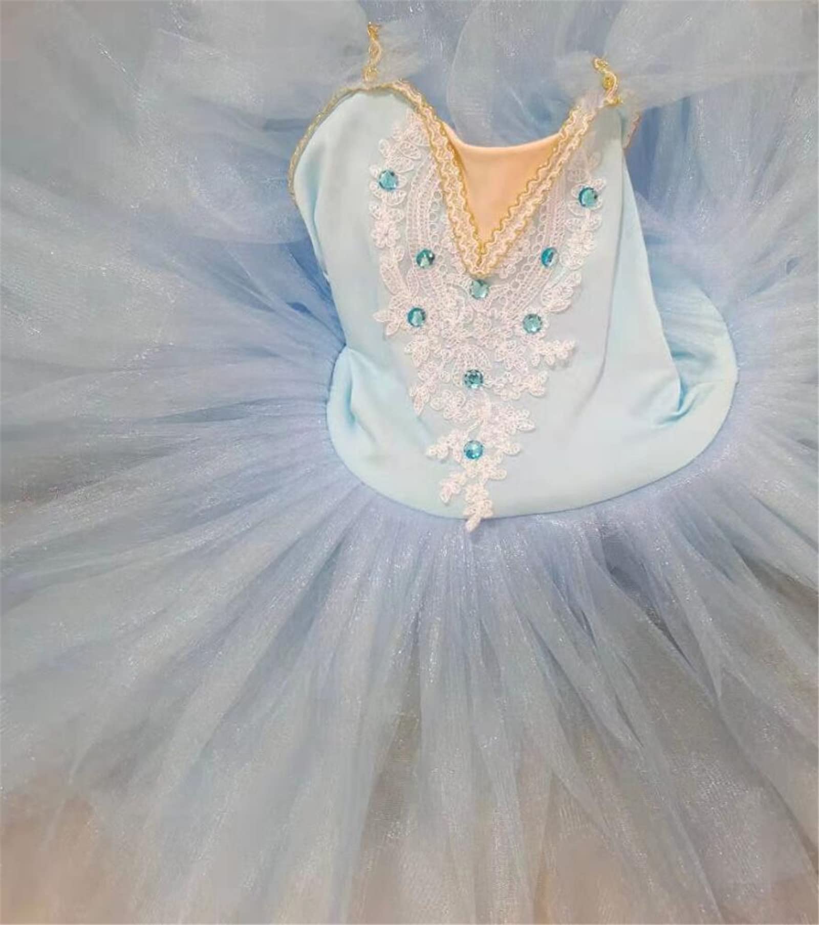 OTMYIGO Disfraz de Bailarina de Princesa para niñas, Vestido de Ballet tutú de Leotardo Largo sin Mangas para niñas, Disfraz de competición de Patinaje artístico para niñas,Light Blue,M