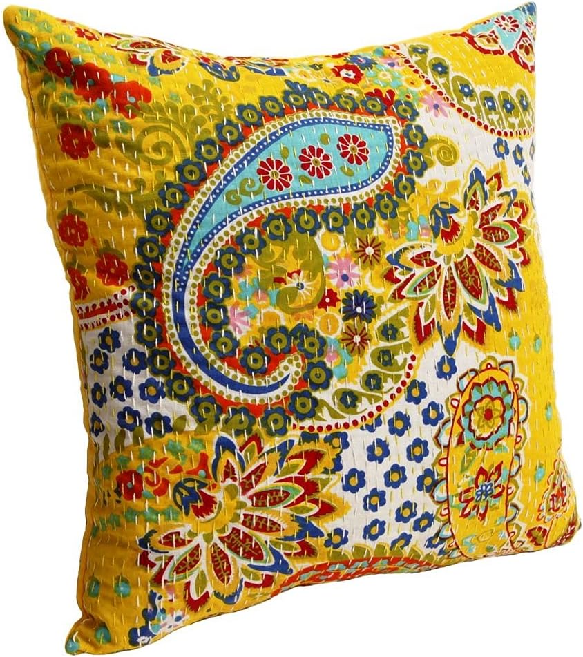Indian Vintage Handmade Cotton Yellow Kantha Paisley Design Threads Work Cushion Cover Throw Pillow Cases Decorative Pillows Cover Bohemian 16x16 Inches, BFCC0046 image 2