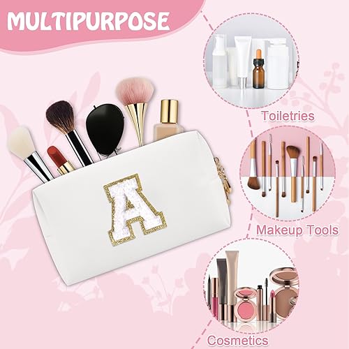 Miniatura 4 de Bolsa de maquillaje preppy inicial personalizada Pequeña bolsa de carta de chenilla de viaje linda, Blanco-2