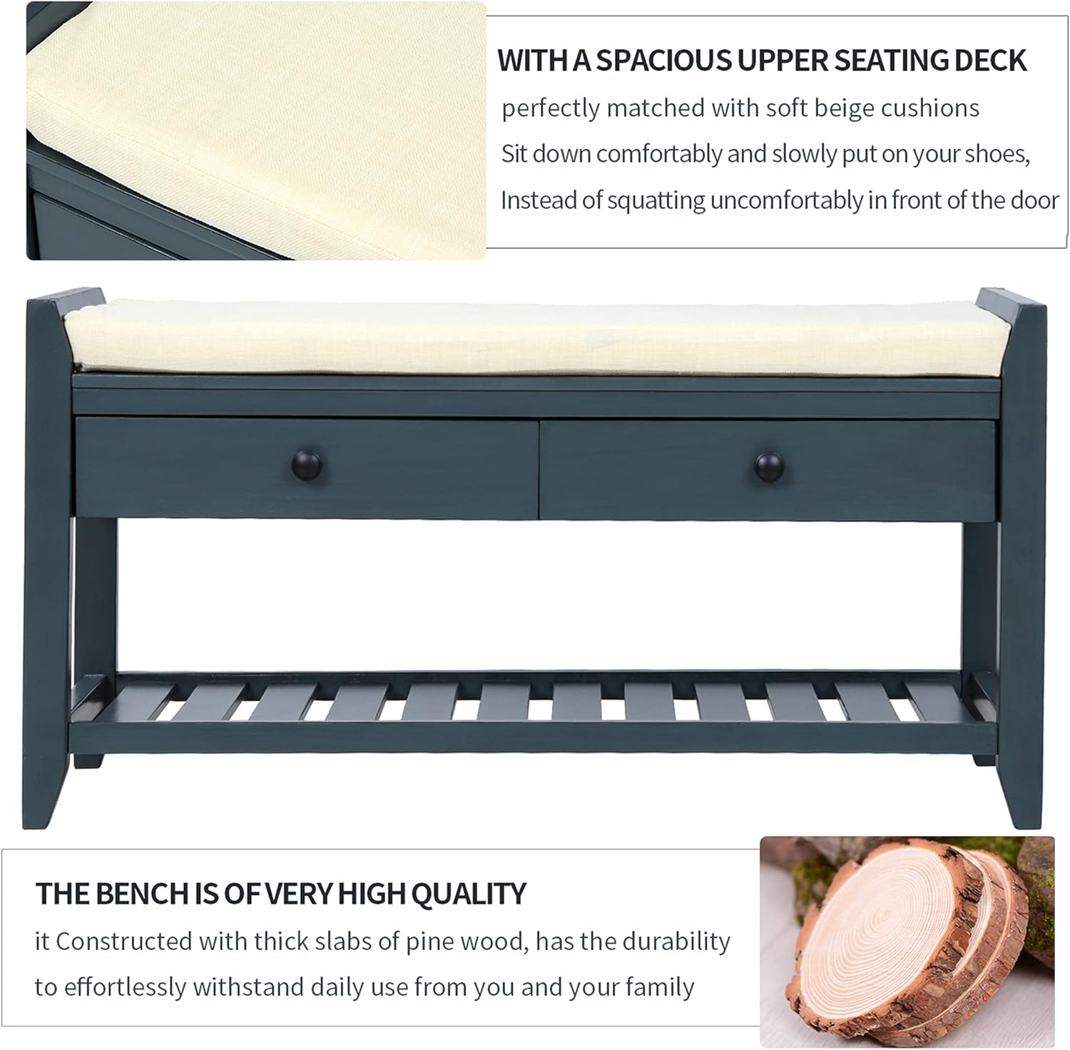 P PURLOVE Storage Bench Multipurpose Entryway Bench Shoe Rack with Cushioned Seat, Drawers and Shelf for Entryway Living Room, Antique Navy