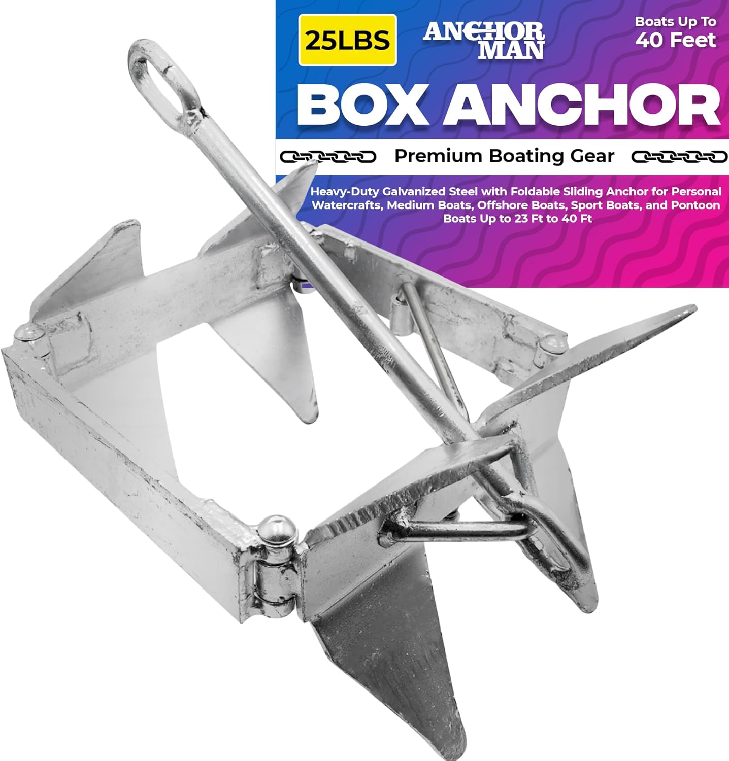 Anchor-Man Boat Slide Box Anchors, 100% Hot Dipped Galvanized Foldable Sliding Cube Anchor Suitable for 23 to 40ft Offshore Sport Boats, Pontoon Boats (13 lbs / 19 lbs / 25 lbs)