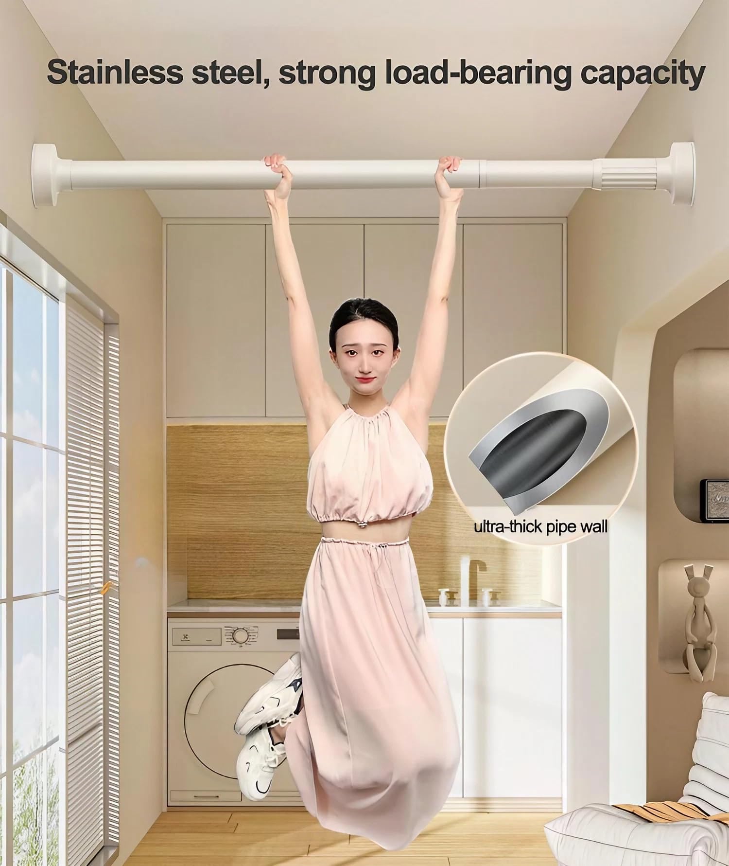 Edelstahl Teleskopstange, Ausziehbare, Rutschfeste Klemmstange als Gardinenstange & Duschstange, Kein Bohren, Für Badezimmer Fenster Küche, 69–164 kg(Stainless steel,1.6~2.5m)