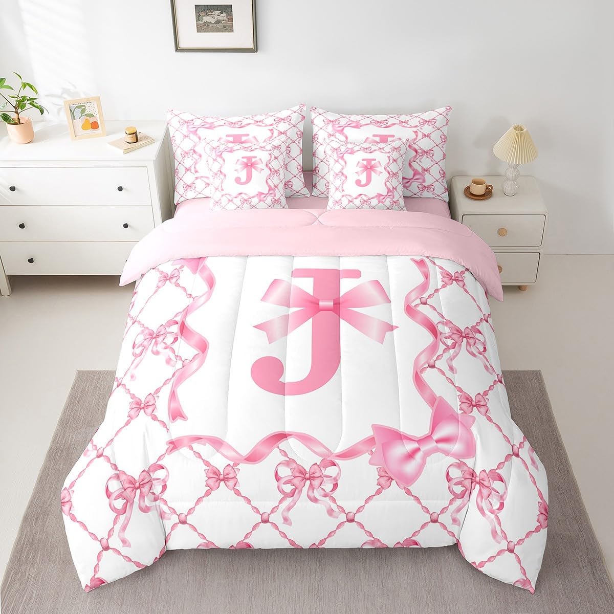 Erosebridal 7Pcs Aesthetic Bowknot Comforter Set with Sheets Coquette Preppy Bow Bed in A Bag Full Size with Monogrammed Initial Design Letter J Sheets Set with Comforter