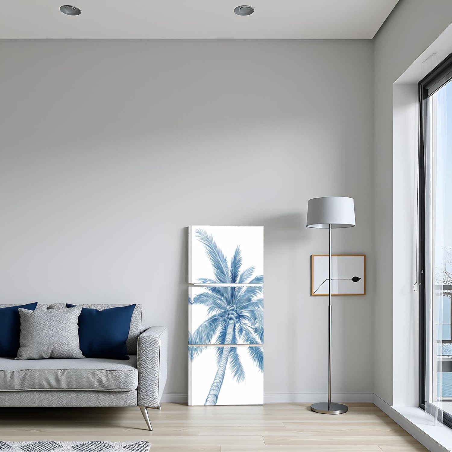 sechars 3 Piece Palm Tree Canvas Wall Art Modern Navy Blue Bathroom Decor Tropical Botanical Painting Picture Print Coastal Theme Living Room Blue Decorations