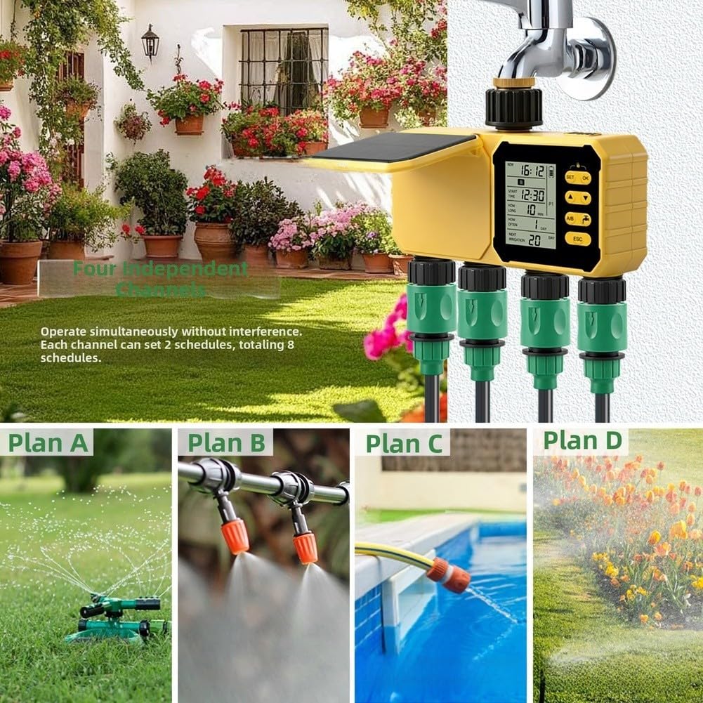 Regolatore di irrigazione solare, timer di irrigazione da giardino a 4 zone, pianificazione automatica del sensore di pioggia per aiuole