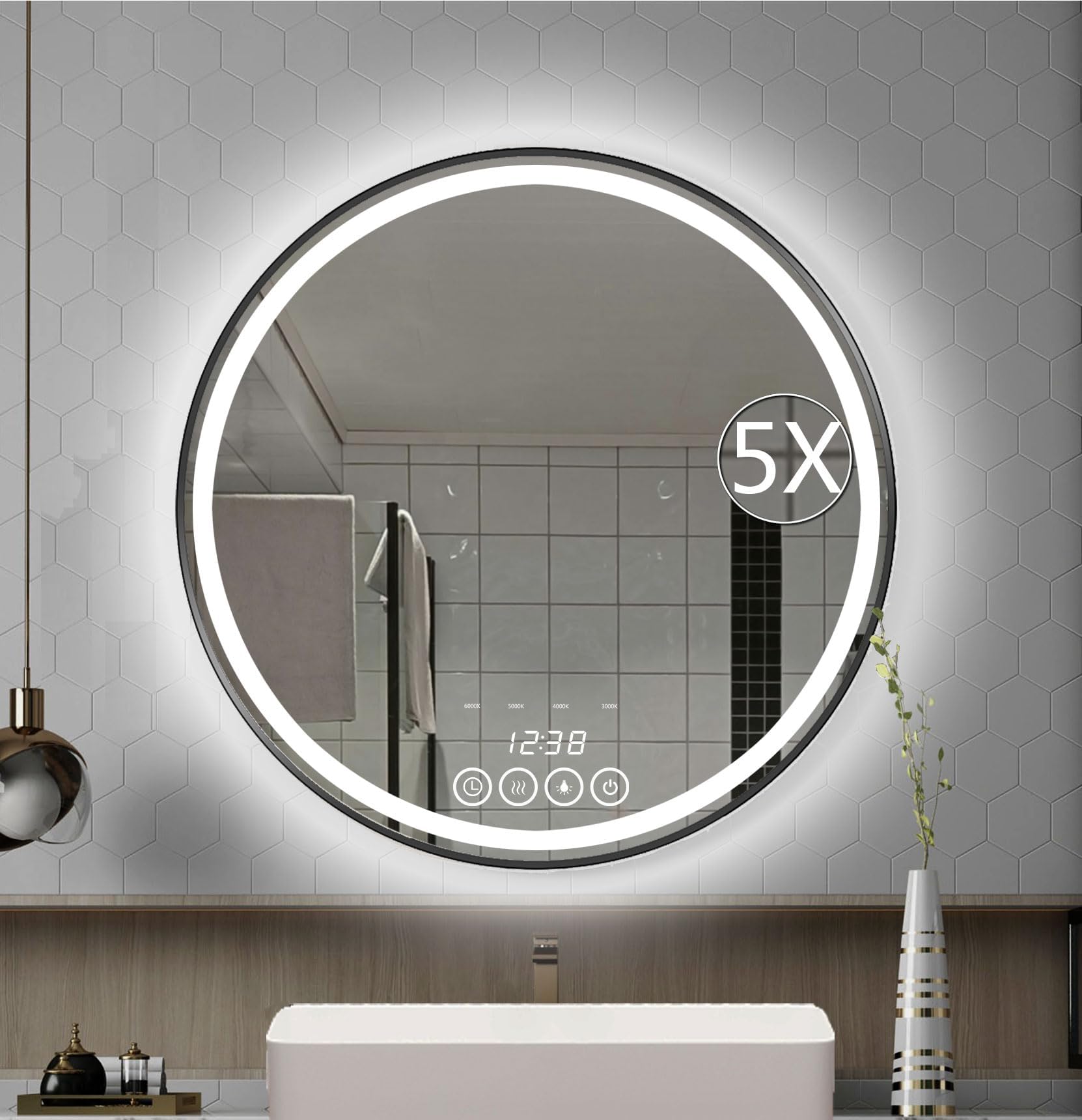 WallMounted Round Bathroom Mirror with LEDLights 24