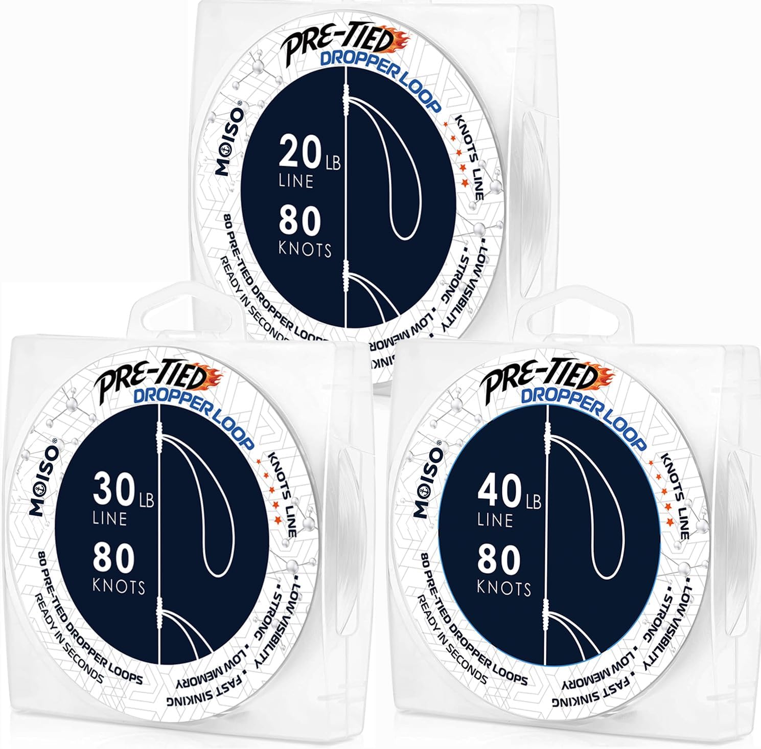 MOISO 20 lb & 30 lb & 40 lb Bundle - Pre-Tied Dropper Loop Rigs - 80 Loops 16 Inches Apart with 5.5 Inch Loop Size - Perfect for Saltwater & Freshwater Fishing