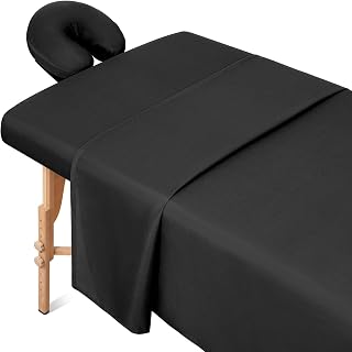 Comfyanno Massage Table Sheets Sets, 3 Pcs Professional Microfiber Massage Bed Cover Sheets, Soft, Light-Weight, Stain & Wrinkle Resistant, Includes Flat & Fitted Sheet, Face Cradle Cover - Black