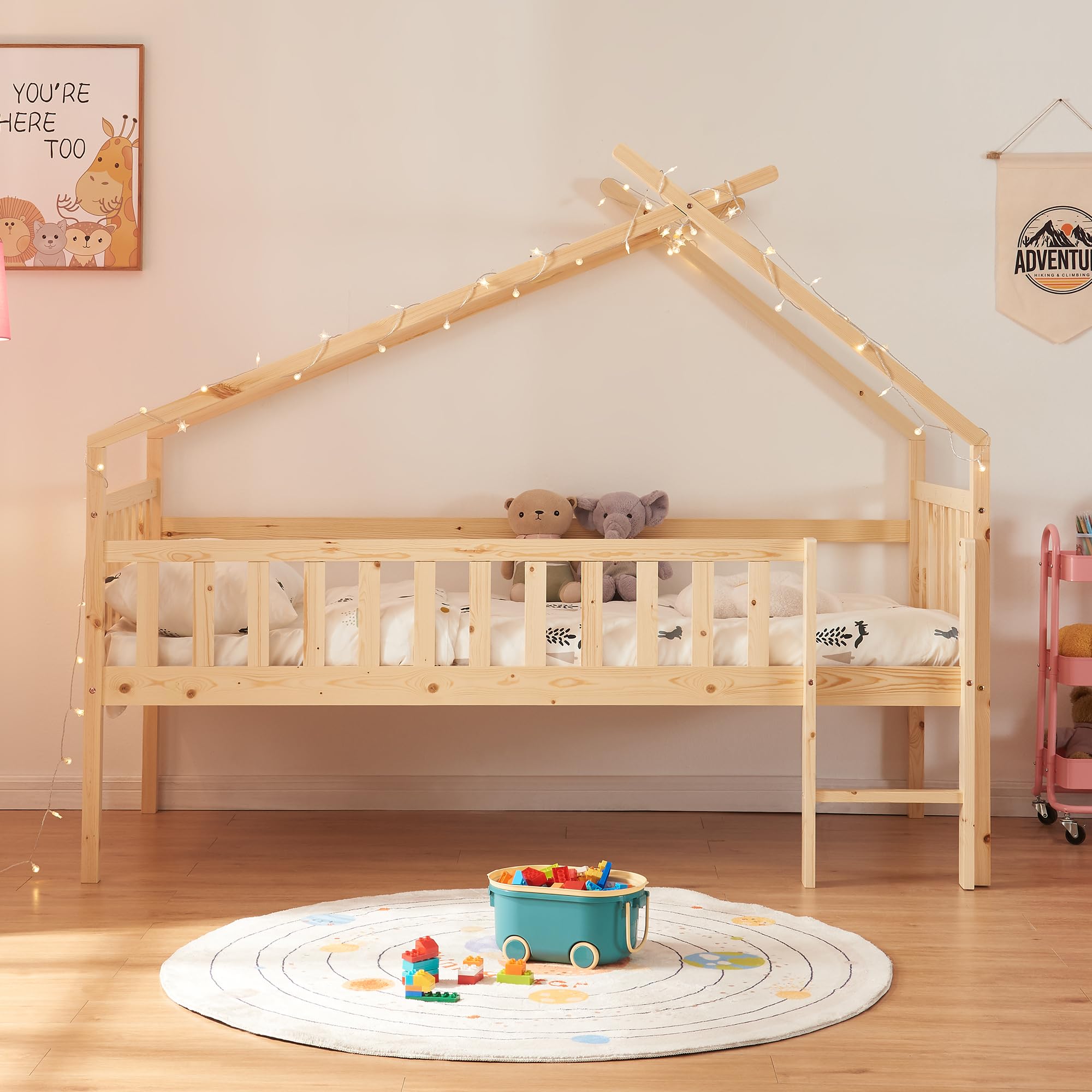 [en.casa] Kinderbett Sotkamo Hausbett 90 x 200 cm Holzbett für Kinder mit Rausfallschutz und Leiter Bettgestell aus Kiefernholz Natur