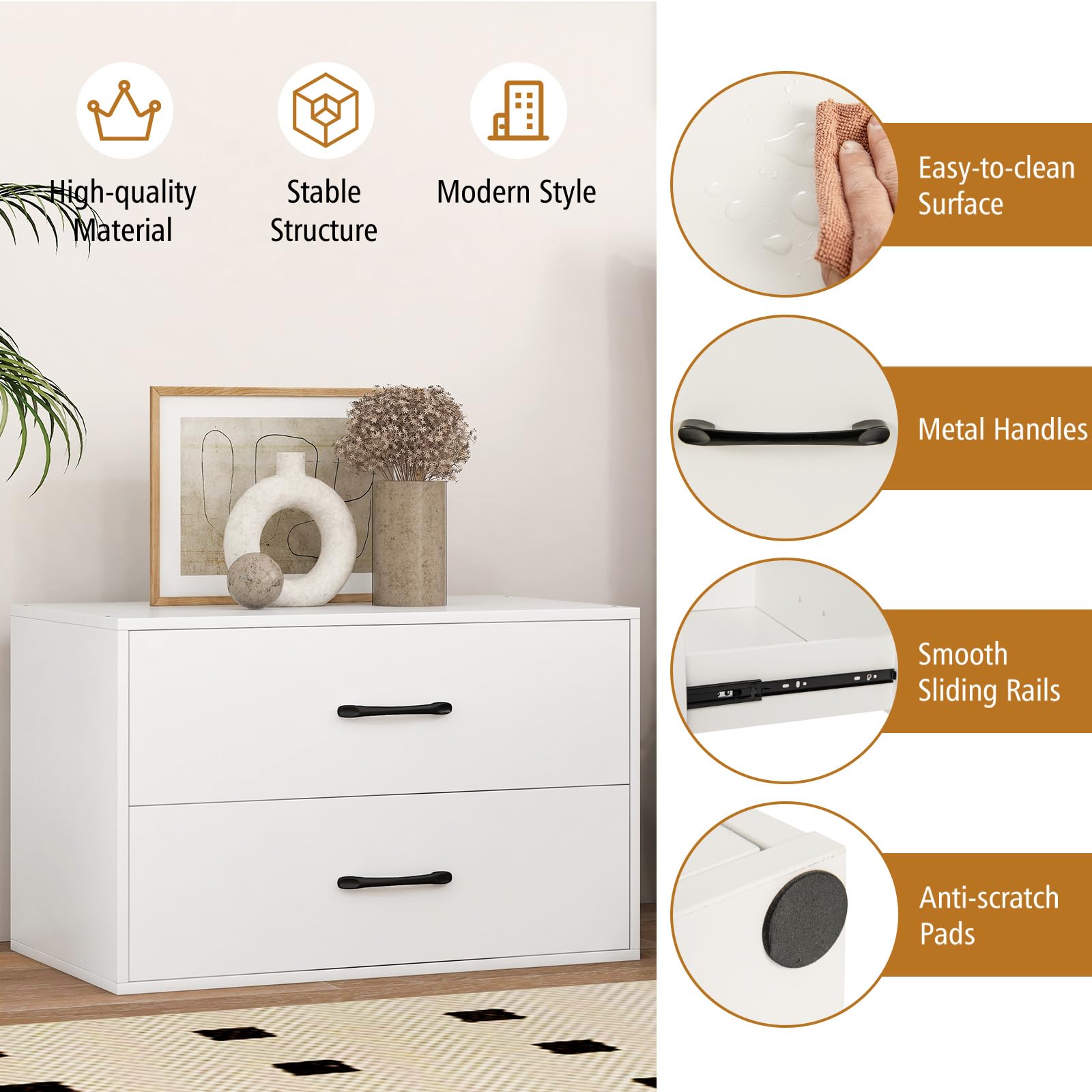 KOMFOTTEU Commode met 2 laden, ladekast, kantelbeveiliging, kleine houten opbergkast, voor slaapkamer, woonkamer, kantoor, nachtkastje, 60 x 34 x 38