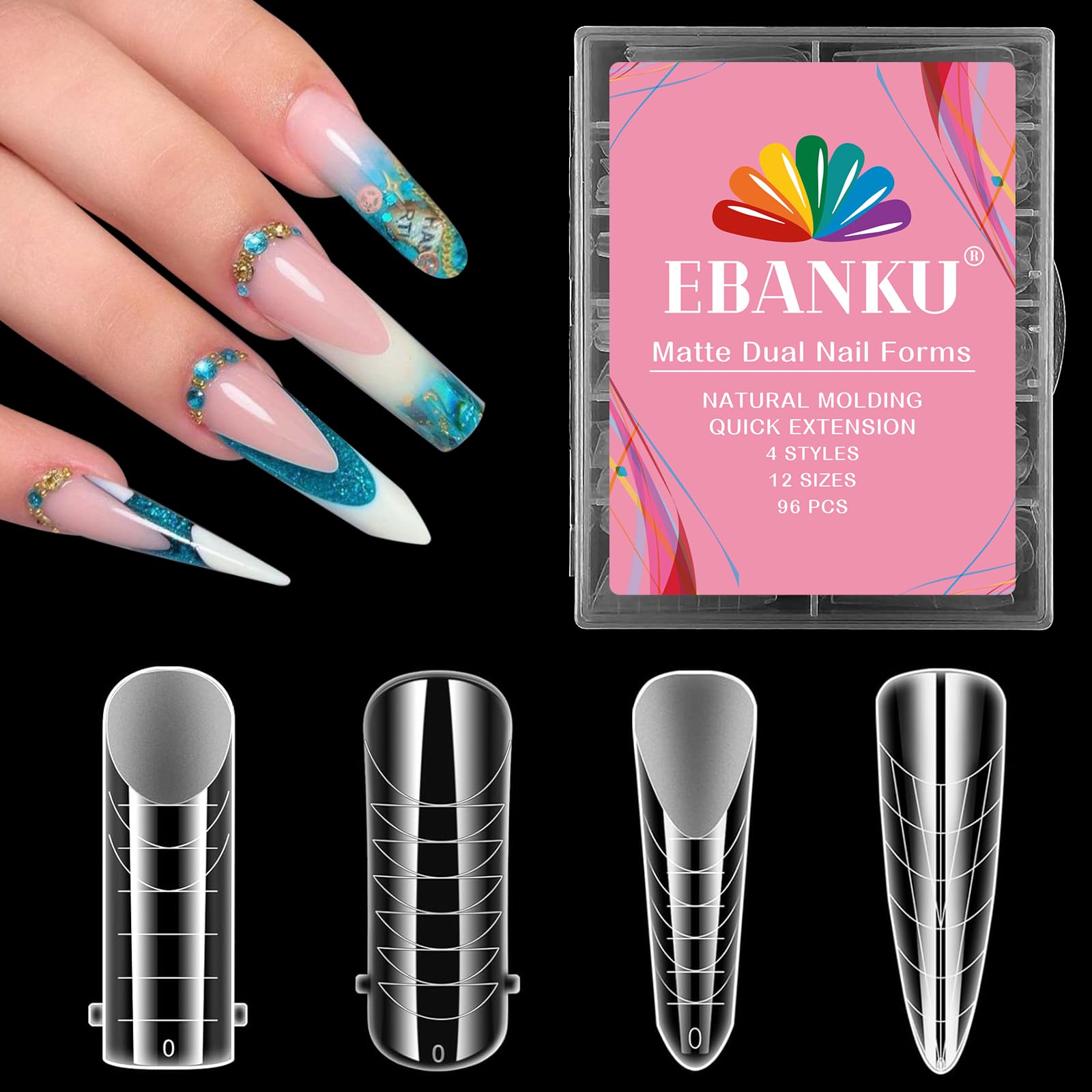 EBANKU 96PCS 4 Styles Dual Nail Forms for Polygel, Clear Matte ABS Plastic Nail Mold Tips, 12 Sizes, Full Cover, Salon Home DIY Manicure