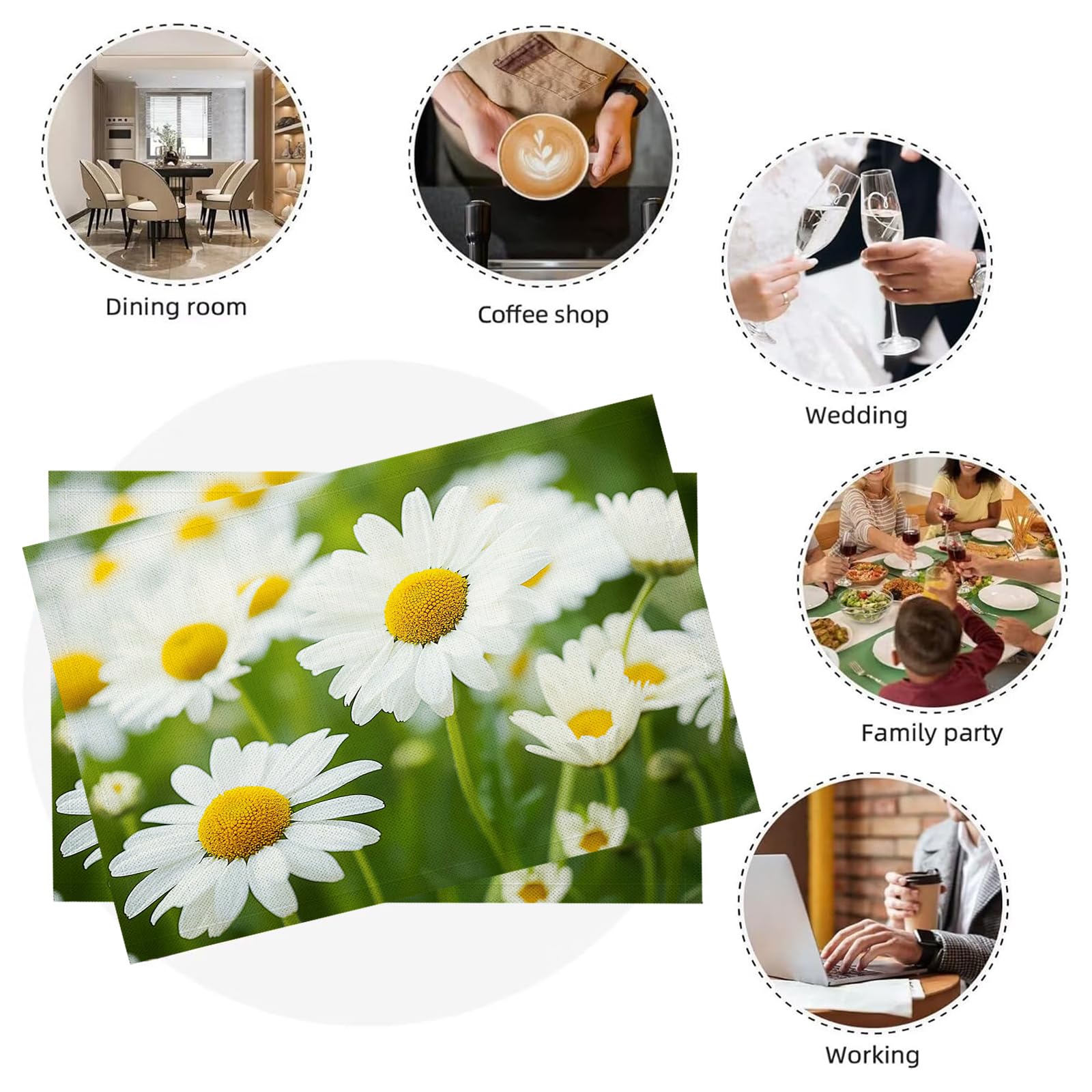 30×45cm Tovaglietta Americana Fiori eleganti in Cotone Lino Rettangolare - Tovagliette Set di 8 Campo di margherite bianche Resistente al Calore per La Cucina, Il L'Ufficio
