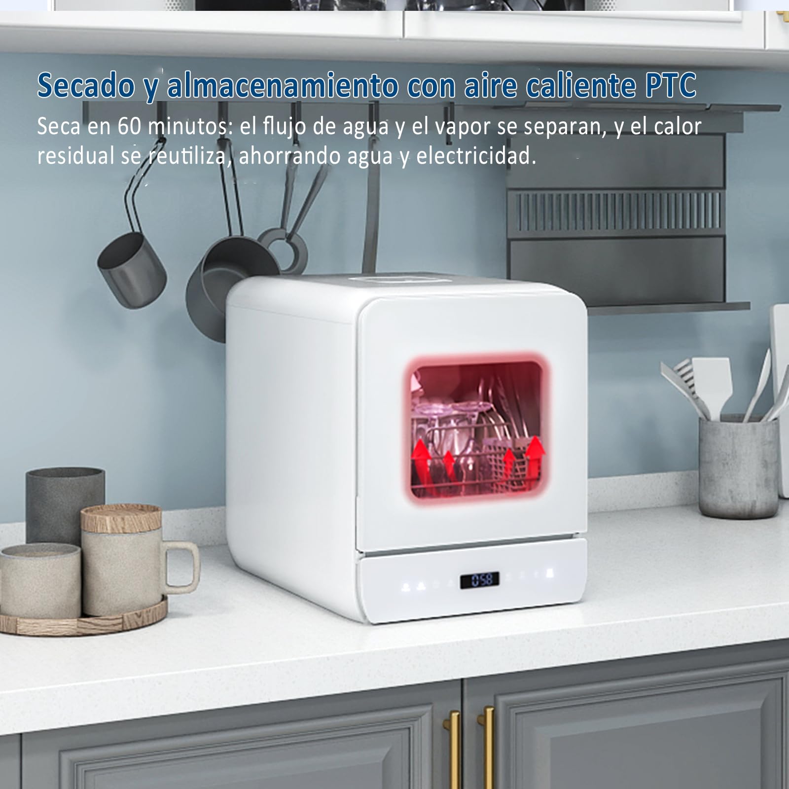 YU YUSING Lavavajillas de Encimera 45 cm 4.8 L con 7 Programas 5 Juegos, Mini Lavavajillas Pequeño con 2 Suministro Agua, Portátil, Control Táctil, Pantalla LED para Casa Oficina Camping, Blanco