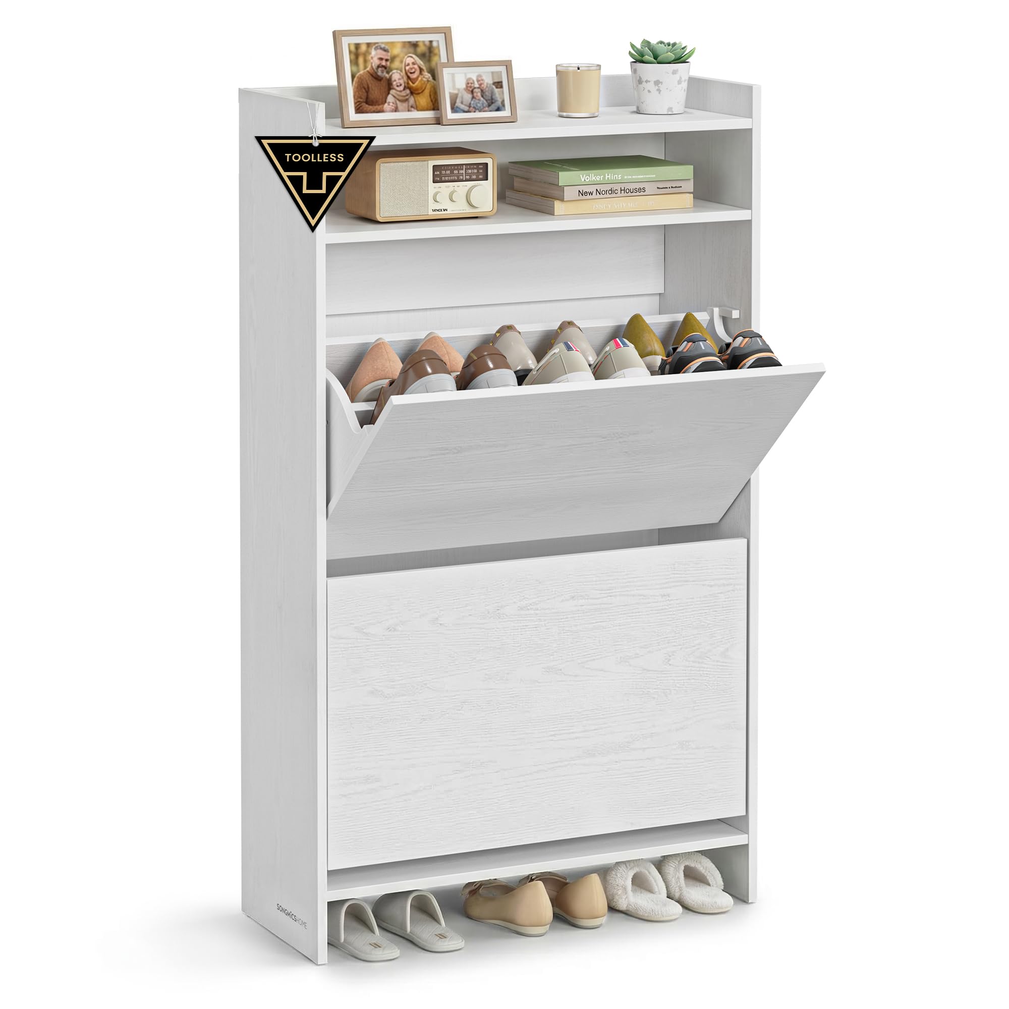 SONGMICS Home Zapatero con 2 Puertas Abatibles, Montaje Súper Rápido Sin Herramientas Toolless, Mueble Zapatero Estrecho, Separadores Ajustables, Moderno, Blanco Nieve LBC228WE01