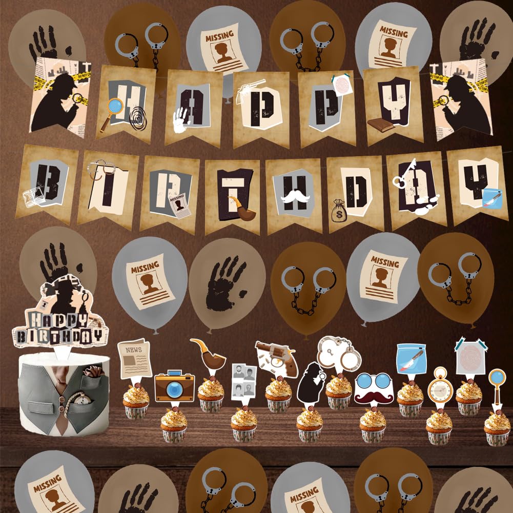 Decorazioni per il compleanno del detective Fornure per feste del detective Detective Happy Birthday Banner Toppers per cupcake Topper per torta Palloncini  15