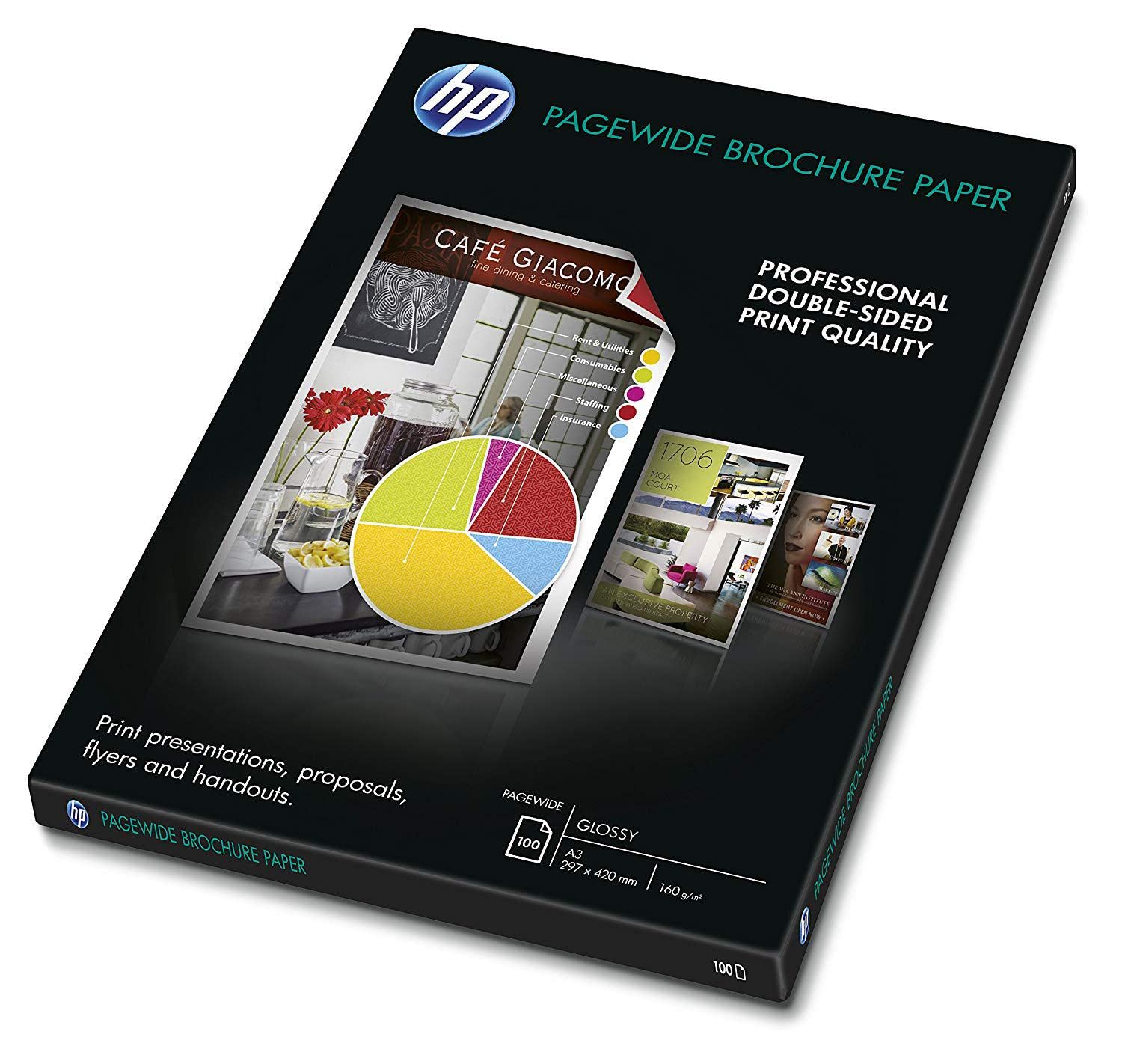 HP Z7S68A Pagewide Brochure Paper, Contiene 100 Fogli di Carta Fotografica Lucida, Originale HP, per Stampanti Laserjet, Formato A3 da 297 x 420 mm, Grammatura 160 g/m², Bianca