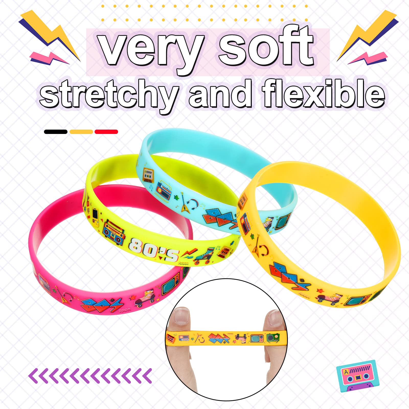 Pack De 72 Pulseras De Silicona De Los Años 80 – Colores Brillantes (Amarillo, Naranja, Verde Y Rosa) – Ideales Para Fiestas Y Disfraces