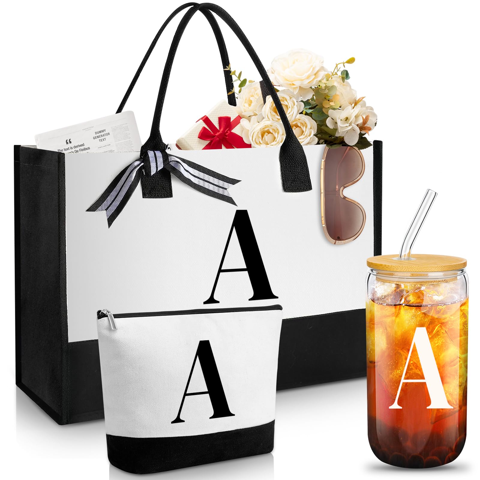 Aliceset Initial Gifts for Women Monogram Canvas Tote Bag and Makeup with Zipper and Initial Glass Coffee Cup Gifts for Her