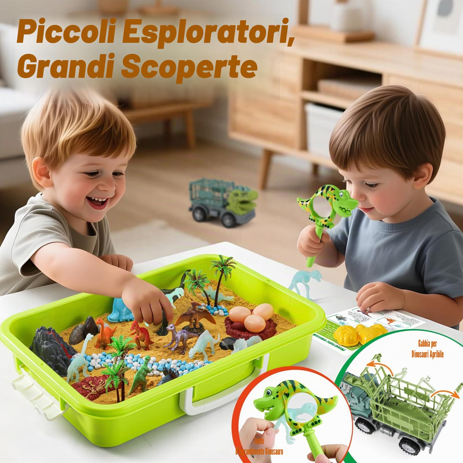 FRUSE Sabbia Giocattolo per Bambini, Kit di Sabbiera con Sabbia Magica, Dinosauro Giocattolo, Lente d'Ingrandimento con Dinosauri, Giocattoli Sensoriali Giochi Sabbiera Regalo di Natale per Bambini