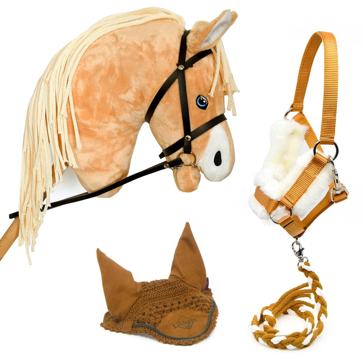Hobby Horse Land Komplettes Hobby Horse Set Quater Horse Palomino + Netz + Halfter + Führstrick + Insektenschutzhaube, Pferde Stock für Hobby Horsing Aktivitäten, Alter: Little Kid, Big Kid