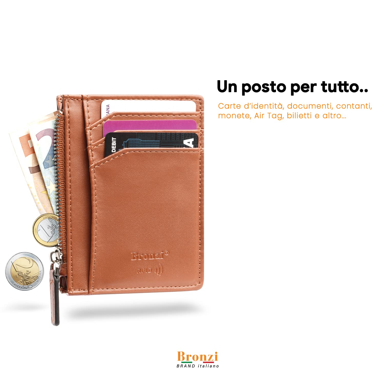 Bronzi Portafoglio Porta Carte Credito - Portafoglio Uomo Slim Portacarte uomo - Mini Porta Tessere - Protezione RFID - Design Smart Italiano Scatola Regalo inculsa (Zip Marrone)