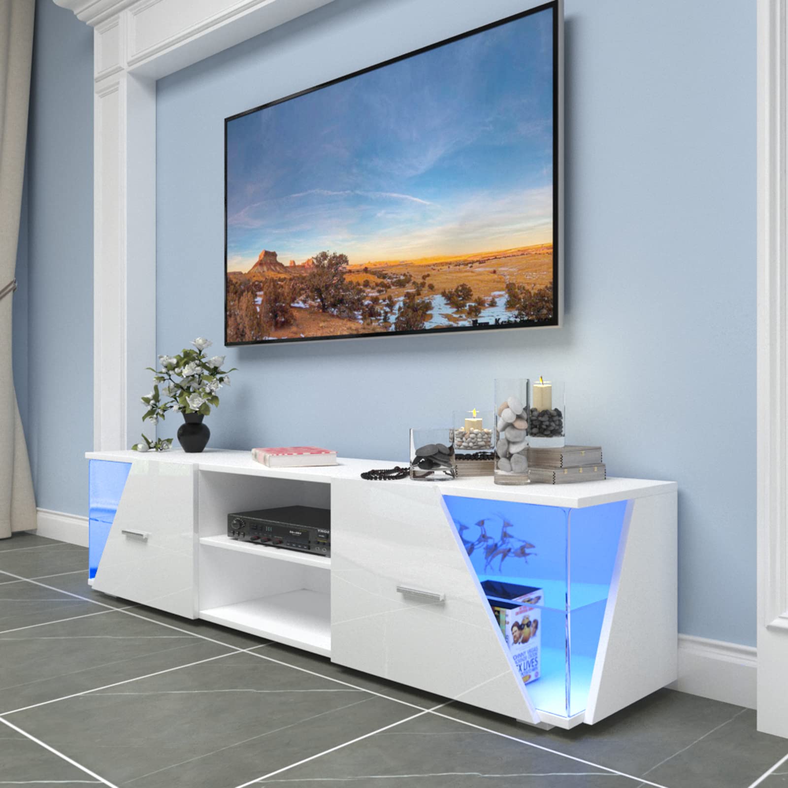 Dripex Meuble TV Bas Blanc Brillant avec éclairage LED 150 x 37 x 35 cm