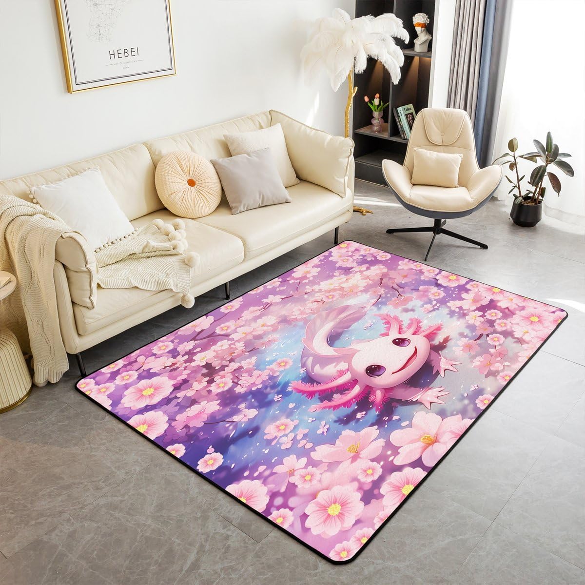 Homewish Uroczy różowy aksolotl dywanik 100 x 150 cm dzieci dziewczęta wybrzeże ocean zwierzę dywan preppy kawaii marzycielski aksolotl wewnętrzna mata podłogowa różowy kwiat wiśni dekoracyjny