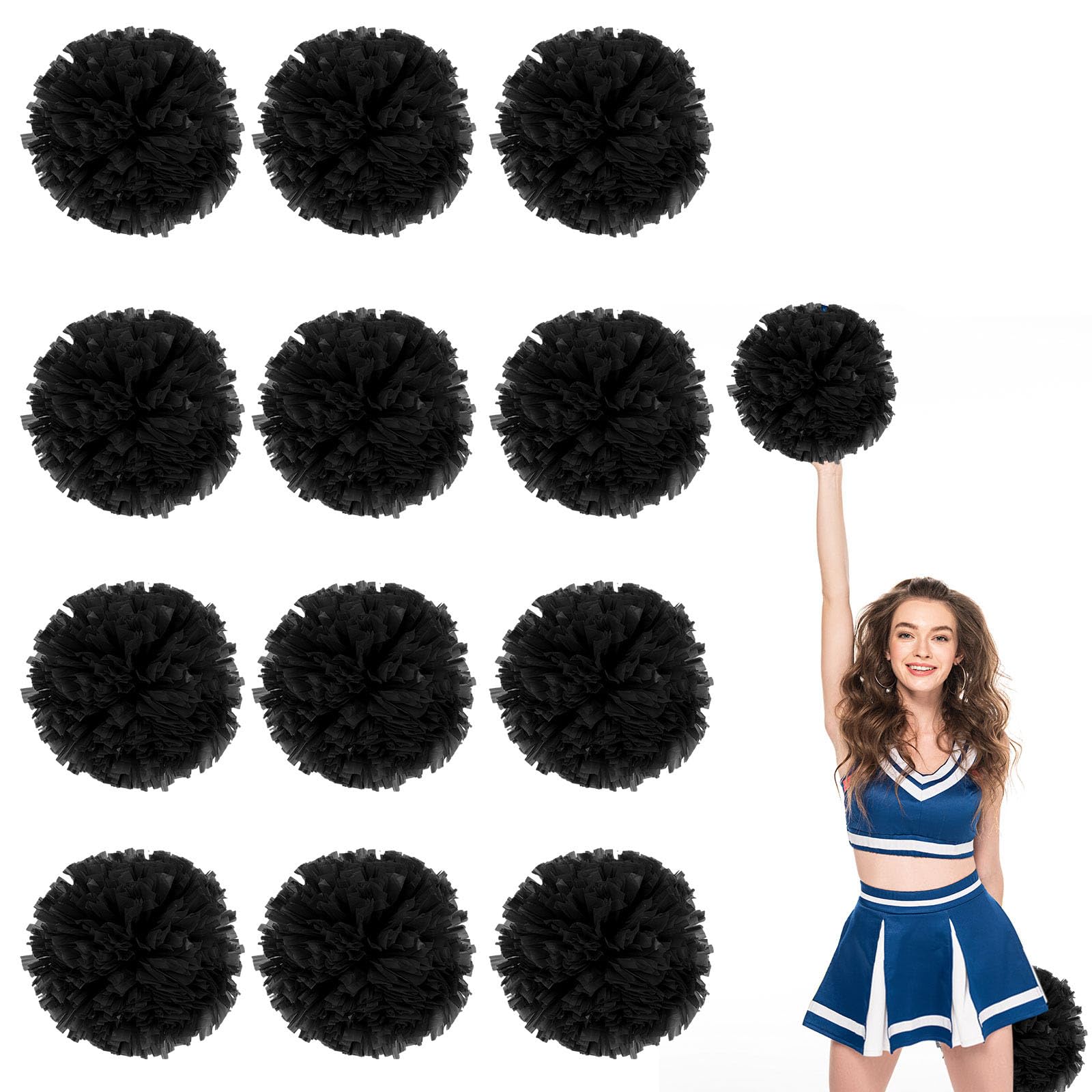 12 Pack Cheerleading pom poms,Cheer pom poms Sports Dance Cheer Plastic Pom Poms Cheerleading for Sports Team Spirit Cheering (Black)