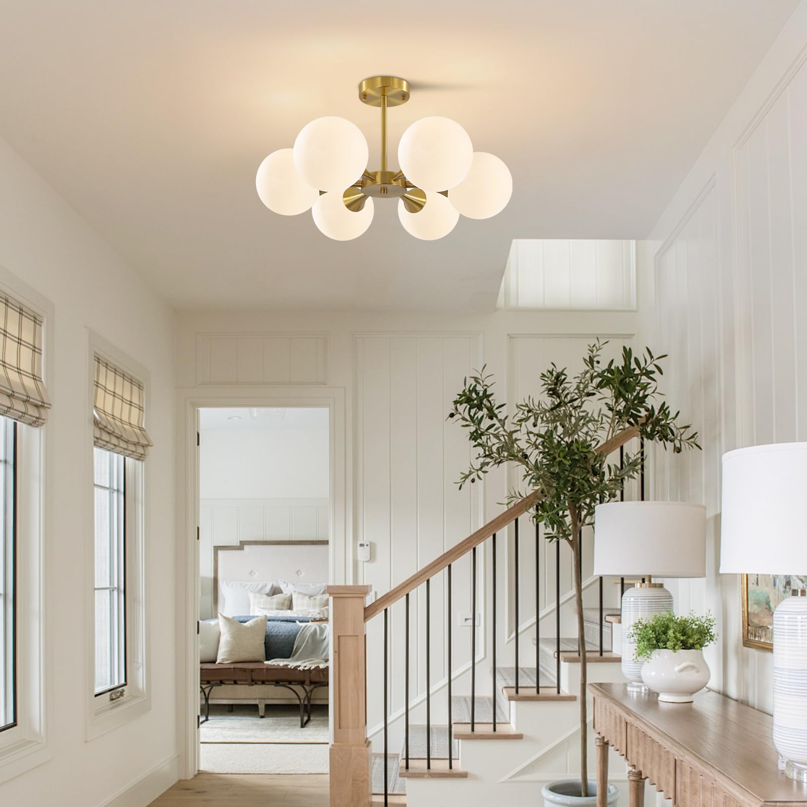 KCO Illuminazione Oro Spazzolato Sputnik Flush Mount Plafoniera Lampada Vetro Latte 6 Luci Semi Flush