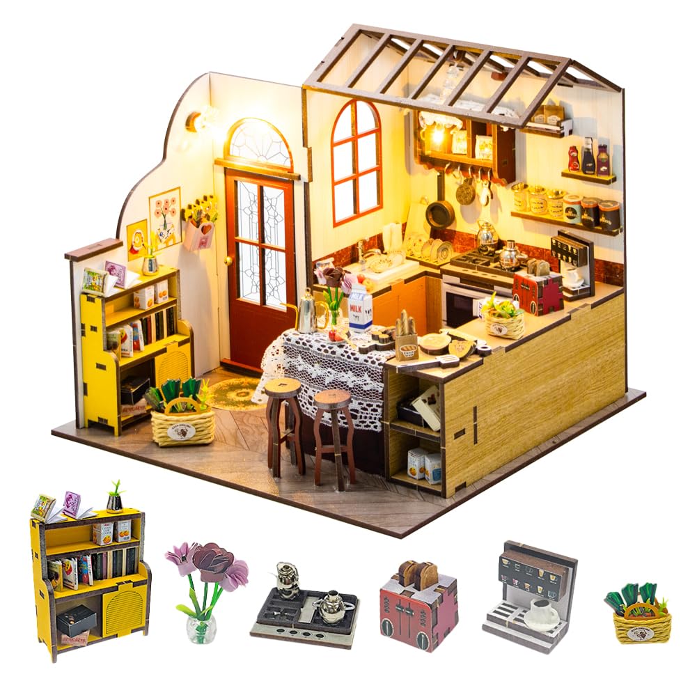 Kitchen Dollhouse Accessories DIY Miniature House Furniture Kit,Wooden Dolls House with Led Light, Puzzle Toy Creative Gift for Kid Teen Birthday