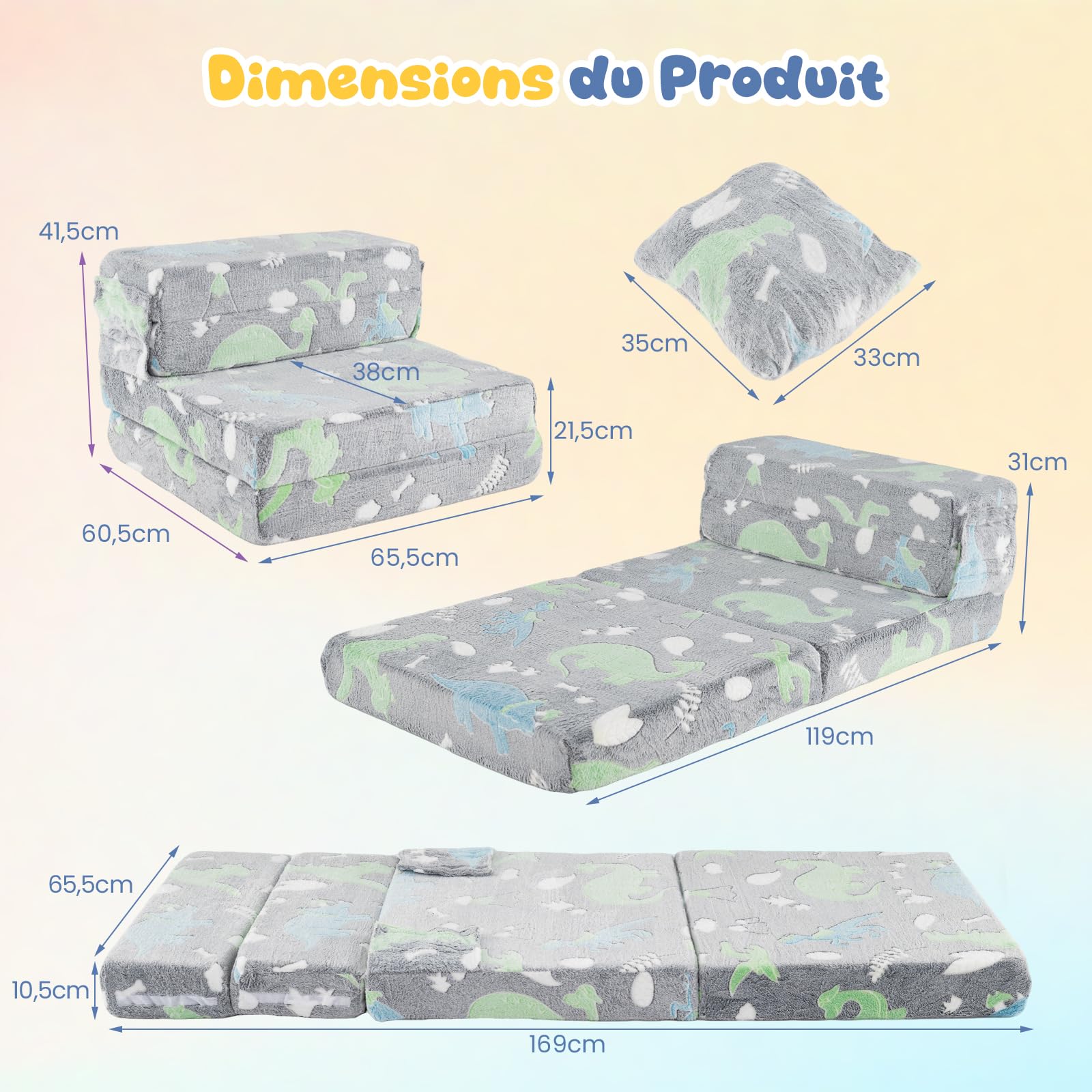 COSTWAY Canapé-lit Enfant Brillant dans Le Noir avec Motif Dinosaure & Oreiller, Matelas de Sol Pliable en Flanelle avec Housse Lavable en Machine, Canapé Modulaire pour Chambre Salle de Jeux (Gris)