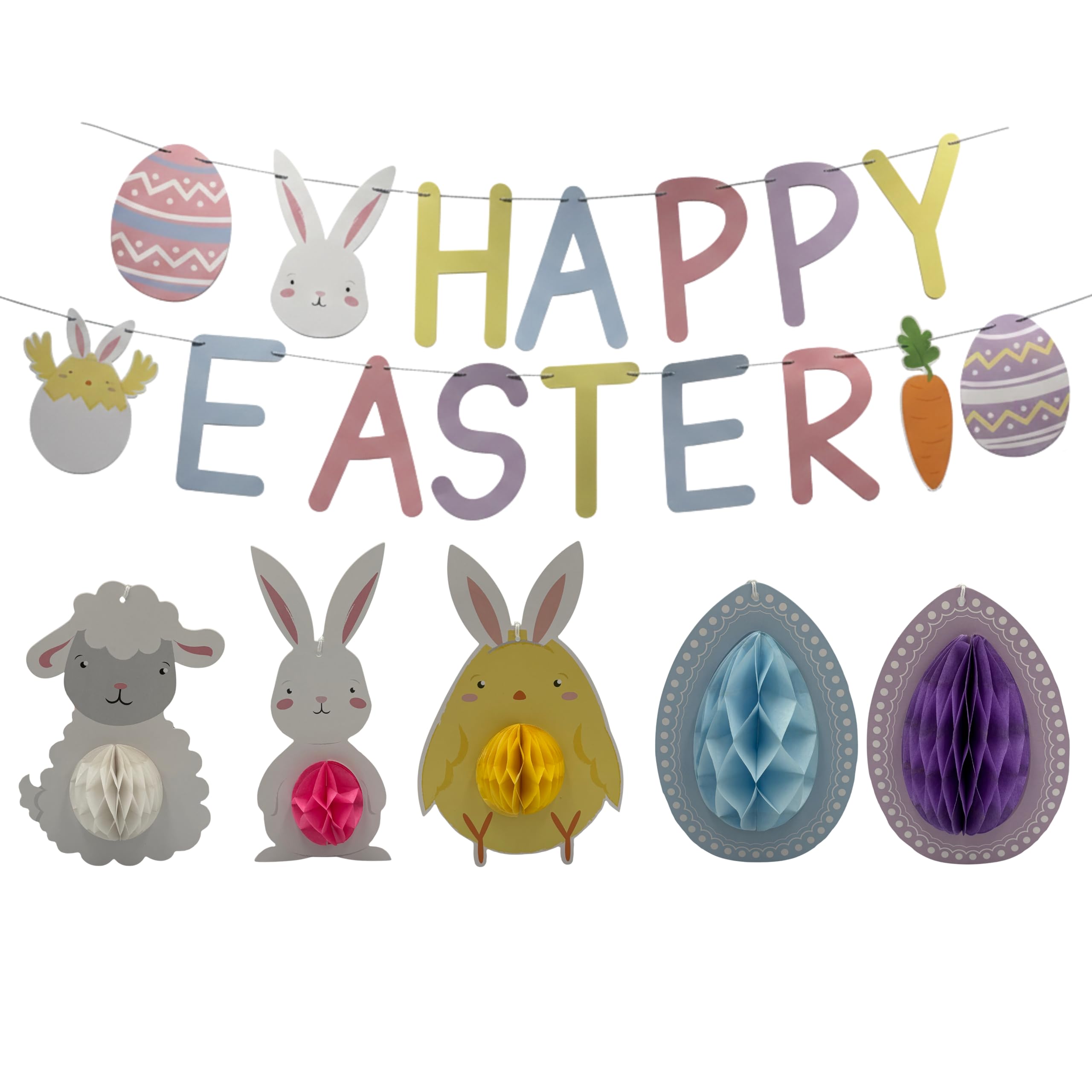 Easter Decorations, Multi Pack, 4 Meter Bunting, Honeycomb Eggs and Easter Character Ornaments, Easter Bunny, Spring Chick, Easter Egg, Home Decoration, Spring Decorations,