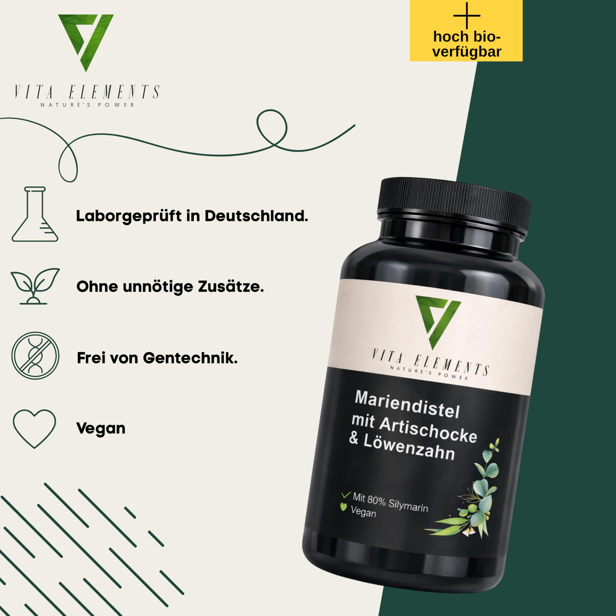 Vita Elements Complejo de Cardo Mariano, Alcachofa y Diente de León - 120 Cápsulas - Silimarina - Suministro para 4 Meses - Vegano - Alta Dosis - Probado en Laboratorio - Sin Aditivos (3)