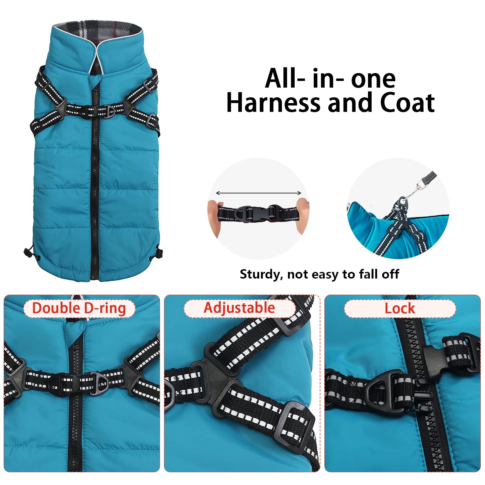 Abrigos y Chaquetas cálidos para Perros con arnés,Chaleco Reflectante Impermeable para Perros Mascotas, Ropa de Invierno para Perros con Correa en el Pecho,para Perros pequeños y medianos-Azul-XL