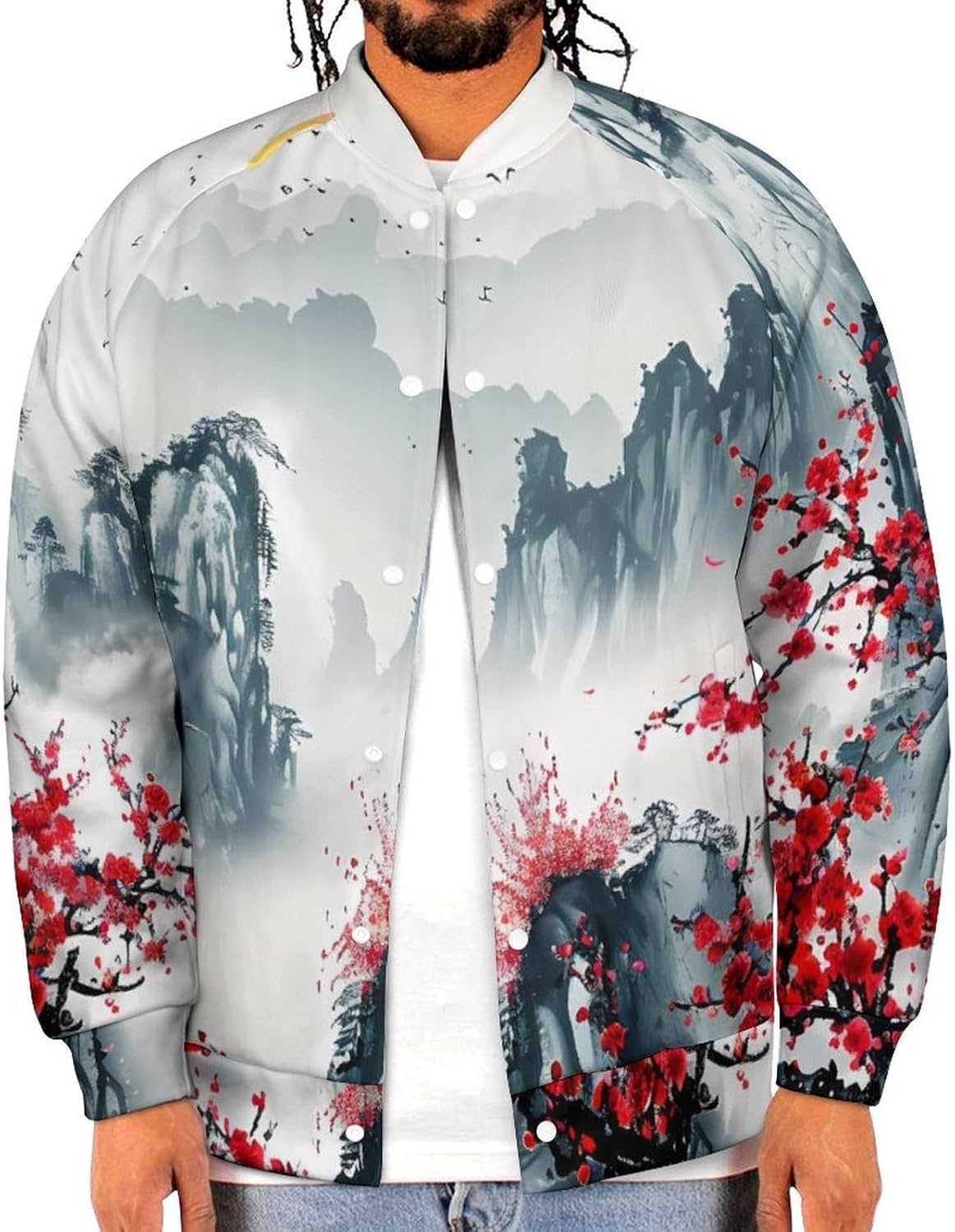 Chinese Mountain Lake Flower Blossom Tree Sun Novelty Men's Baseball Jackets Causal Sweatshirt Button Top Long Sleeve Coat