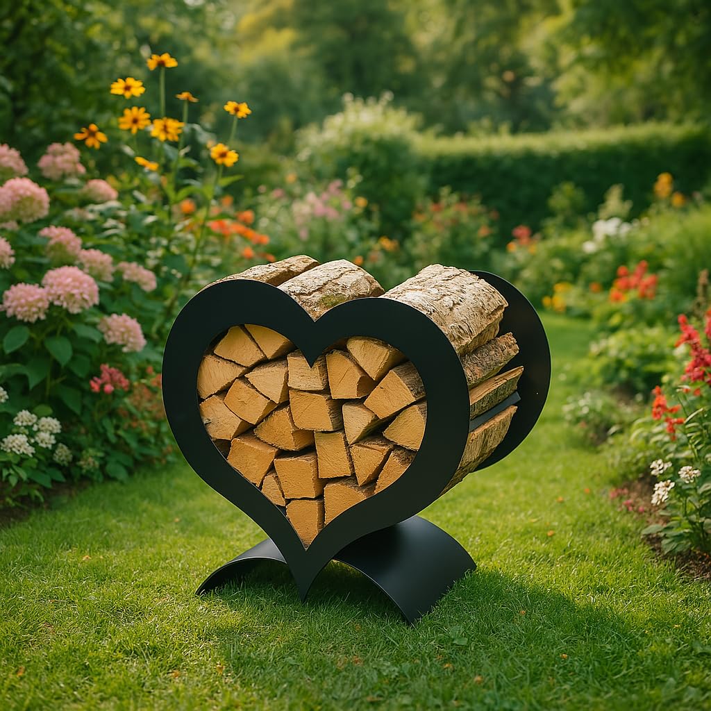 Gruber, Herz-Holzständer, schwarz, Dekoratives Kaminholzregal aus pulverbeschichtetem Stahl, stilvolles Brennholzregal für Innen- und Außenbereiche, 36 x 67 x 62 cm, ohne Holz geliefert