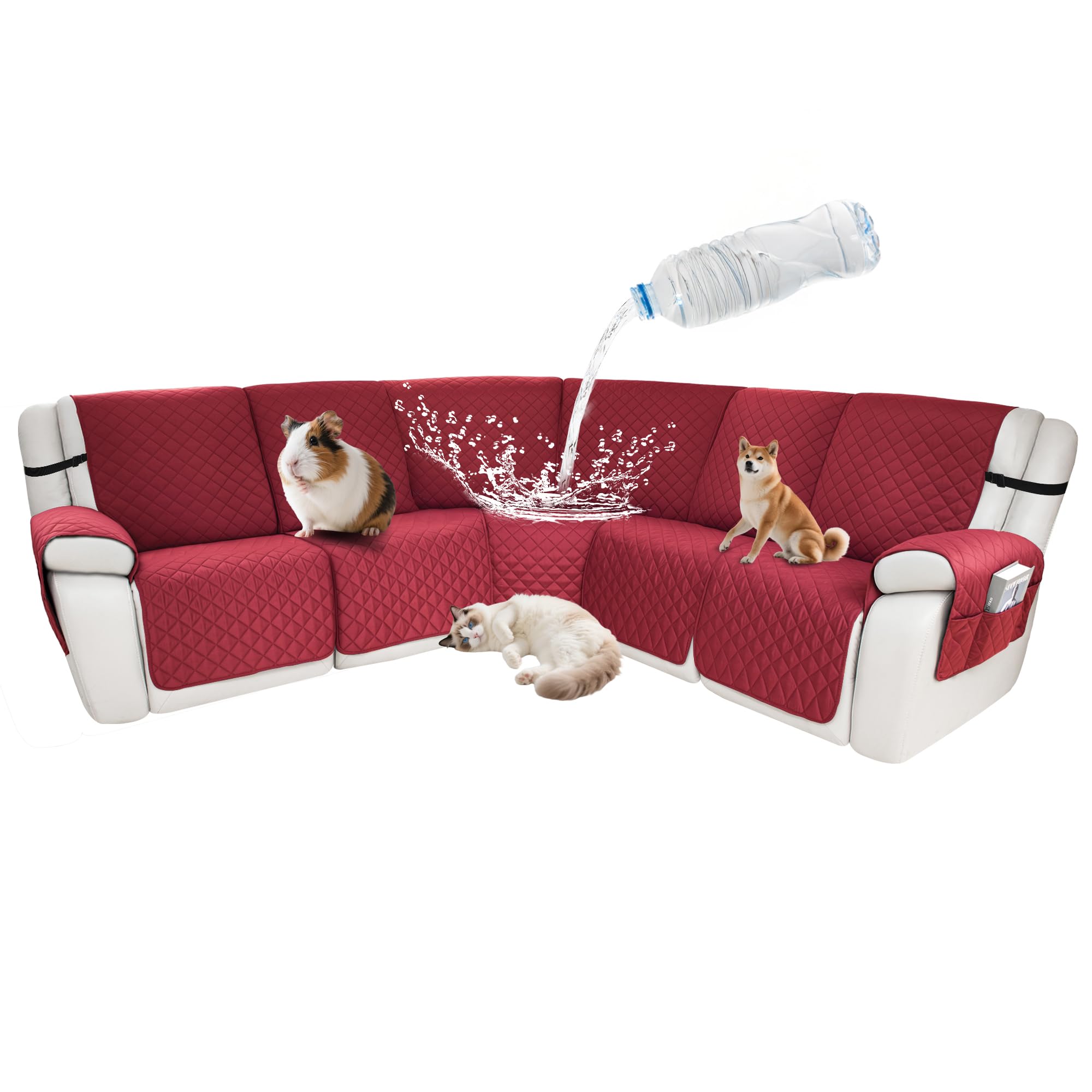 Waterproof Sectional Reclining Couch Covers L Shaped Recliner Sectional Sofa Cover 7 Piece Non Slip Washable Corner Recliner Slipcover Set for Pet Dog (5 Seater Cover, Red)