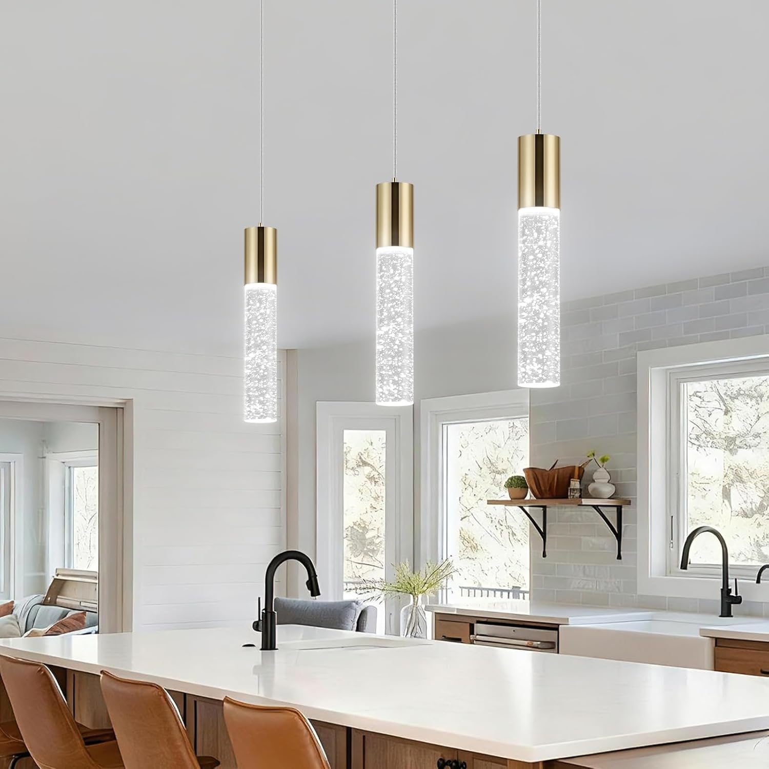 OKELI Modern Pendant Light,3 Color LED Bubble Crystal Island Light Fixtures,Gold Mini 3CCT Pendant Lighting for Kitchen Island,Bar,6W,3000-6000K,ETL