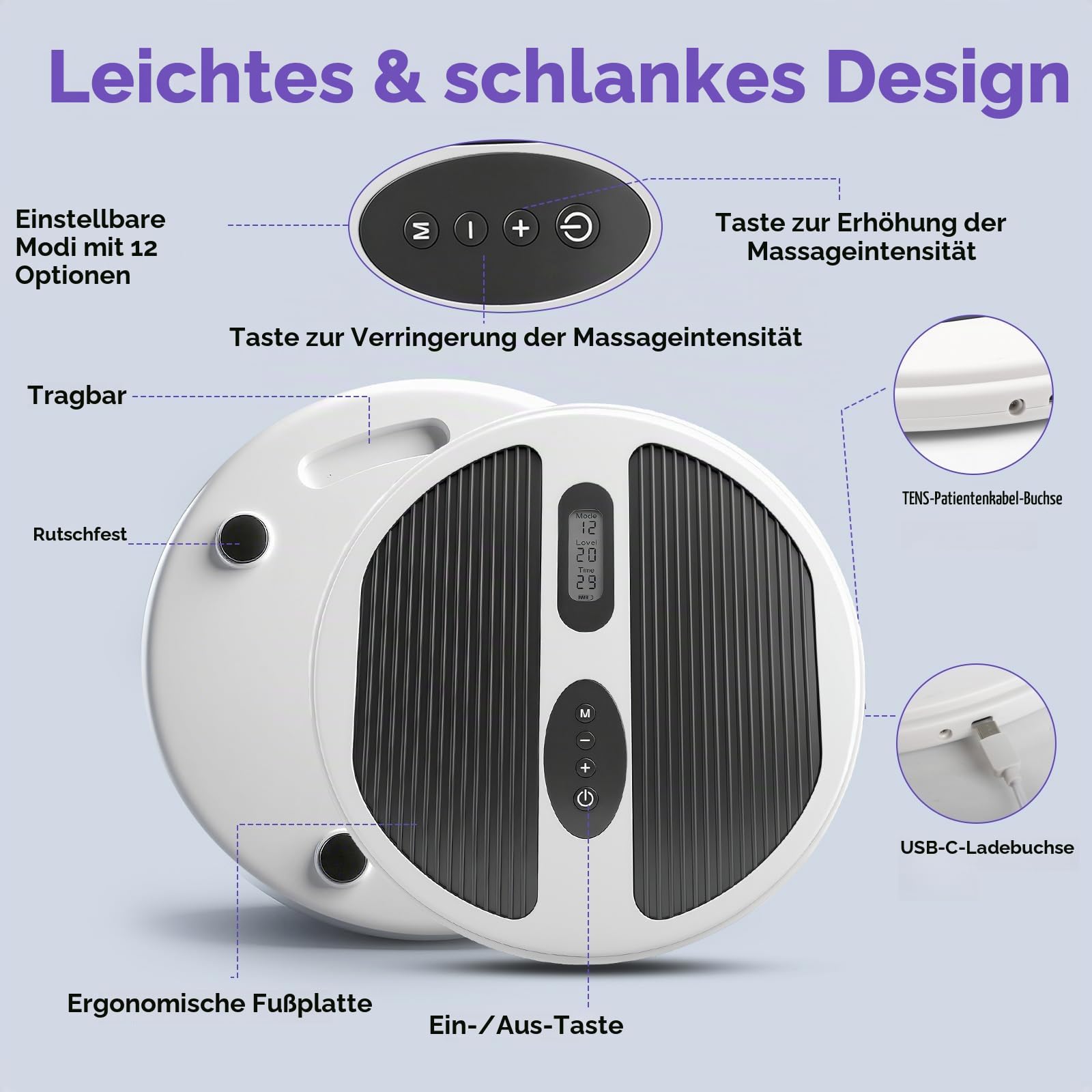 Durchblutungsstimulator für Füße & Beine, EMS & TENS Fußmassagegerät zur Blutanregung mit 4 TENS Pads zu 20 Vibrations Geschwindigkeiten, 12 Modi – Reduziert Schwellungen in Füßen und Knöcheln